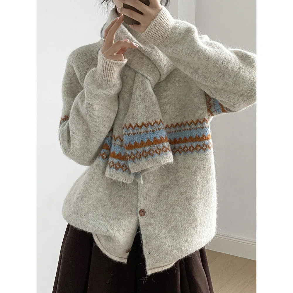 

Cardigan sweater women's scarf autumn and winter loose warm round neck sweater jacket