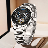 GUANQIN Automatic Tungsten Steel Men Skeleton Wrist Watch Mechanical Waterproof Sapphire Week Calendar Multifunctional Clock Man