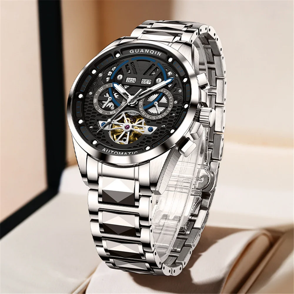 GUANQIN Men Automatic Tungsten Steel Skeleton Wrist Watch Mechanical Waterproof Sapphire Week Calendar Multifunctional Clock Man