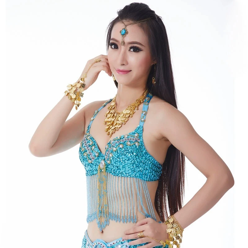 

Handmade Beaded Belly Dance Bra Top Tassel Sequin Embroidery Sparkling Glitter Dancewear Top for Women