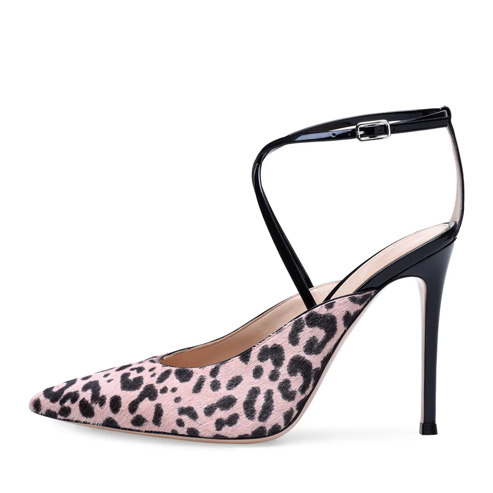 

Pink Leopard Print Pony Hair High Heels Back Strap Buckle Pumps Pointed Toe Large Size Slingback Party Dress Women Shoes