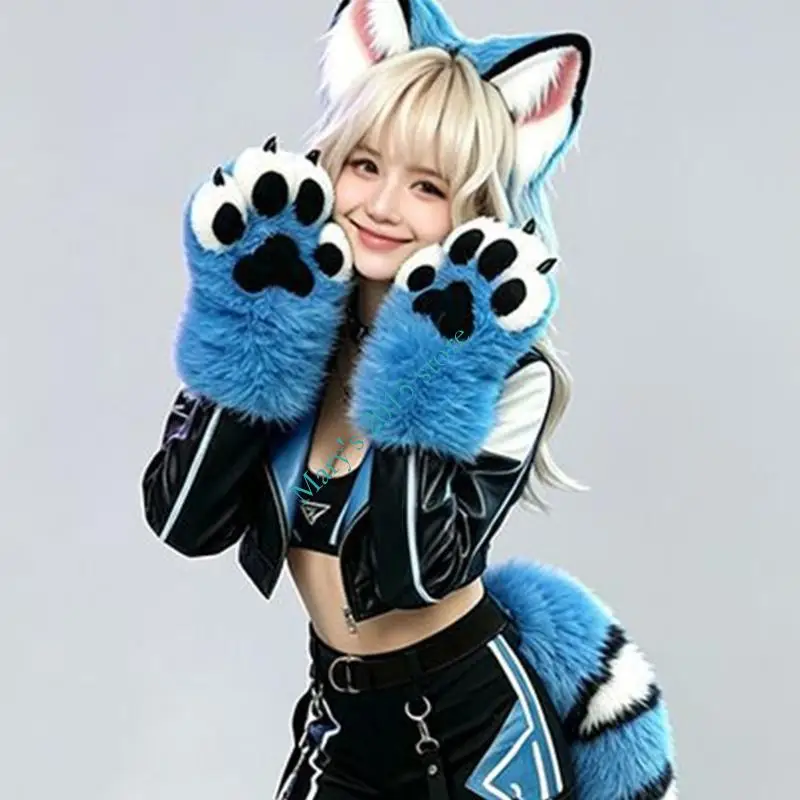 Paws Costume Gloves for Kids, Teens Girl and Adults, Plush Blue Animal Mitts with Black Pads for RolePlay and Party Dress