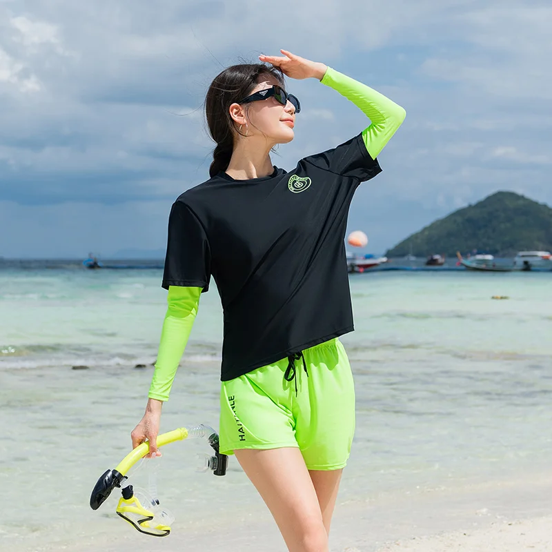 Couples Rash Guards Men Women UV Sun Protection Long Sleeve Fluorescent Patchwork Rashguards Tops & Bottoms Full Suit Surf Swim