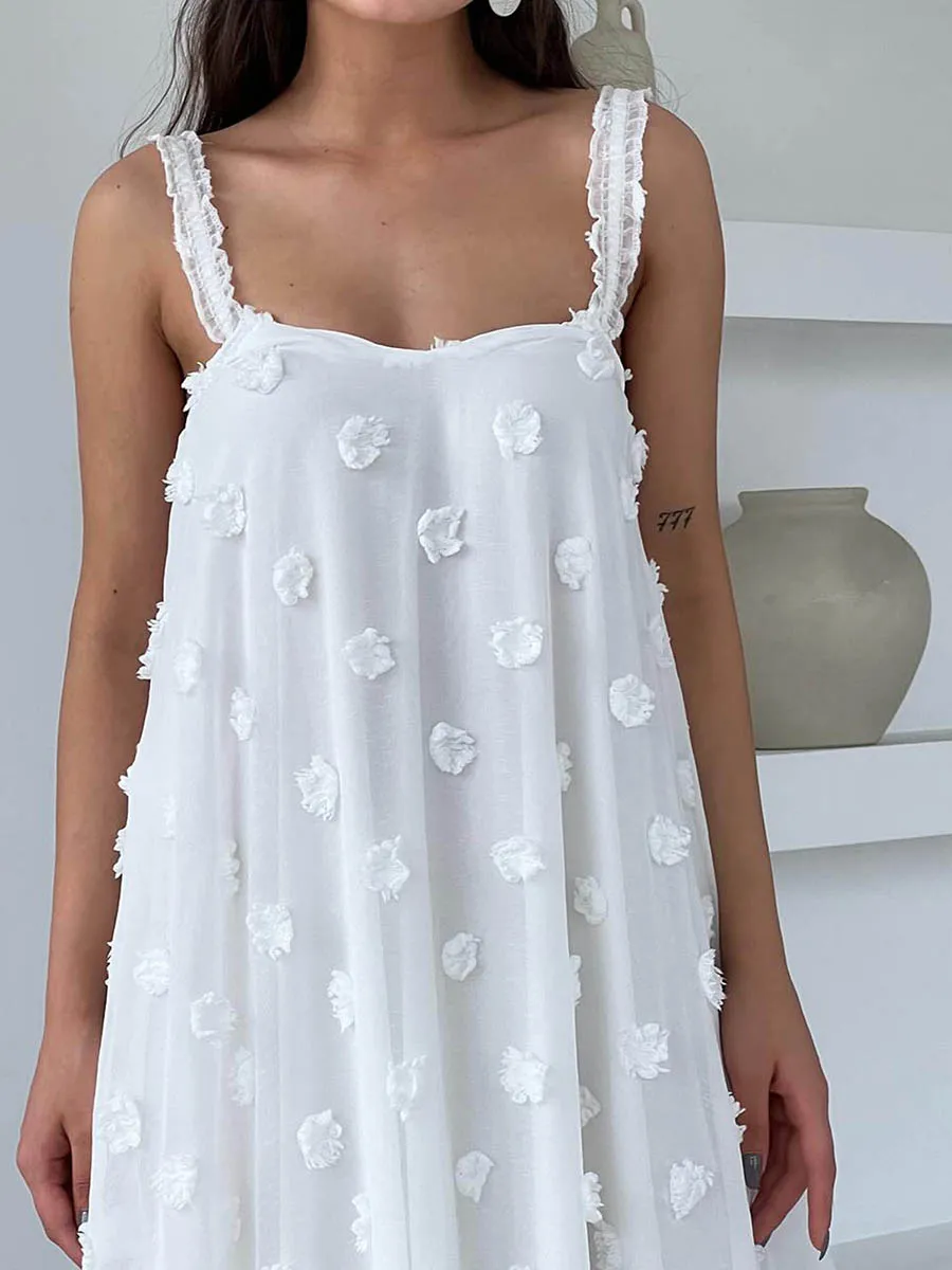 Women Beach Long Cami Dress Summer 3D Flower Sleeveless Frill Tiered Flowy A-Line Dresses for Vacation Party Boho Loose Sundress