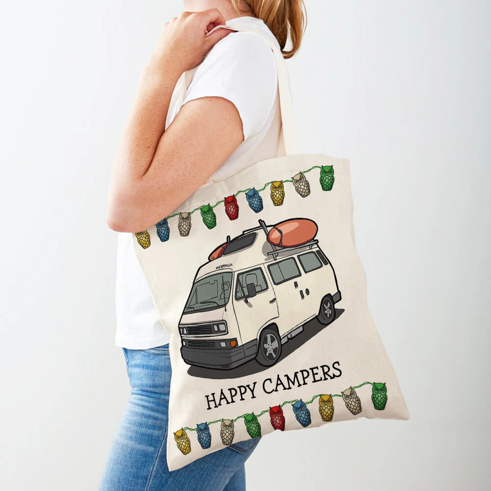 

Cartoon House Travel Car Tote Handbag Shopper Bag for Women Casual Happy Camper Van Life Fashion Lady Canvas Shopping Bag