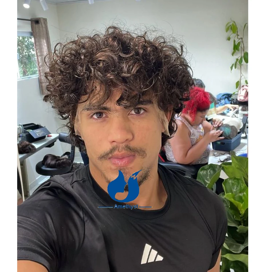 

Amethyst Color 2 Dark Brown Short Curly Men's Wig Human Hair 13x6 Lace Front Wig Pixie Cut Brazilian Remy Pre Styled with Bangs