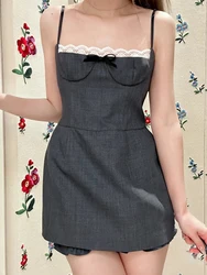 Double skirt bow design gray halter dress temperament elegant lace splicing waist thin short Womens dresses 2024 spring new