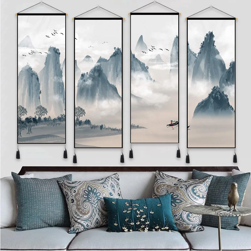 Chinese Style Landscape Scroll Paintings Vintage Room Decor Aesthetic Wall Art Poster Living Room Office Study Home Decoration