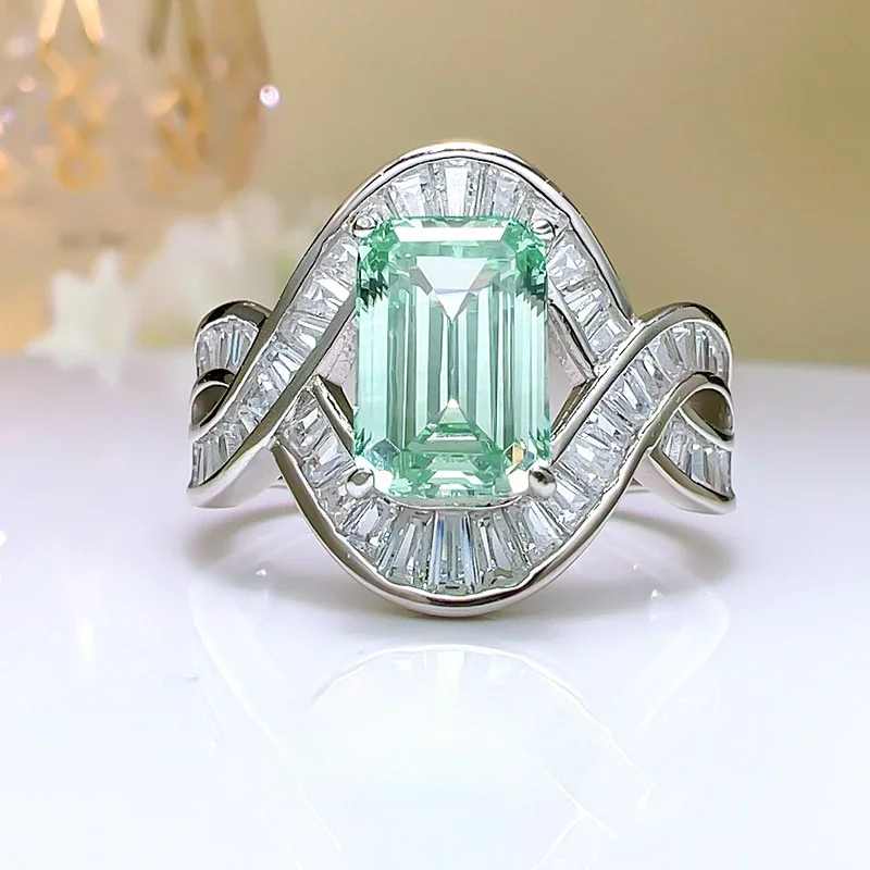 Palaiba green tourmaline ring, emerald cut rock sugar rectangular 925 sterling silver high carbon diamond wedding jewelry image 5