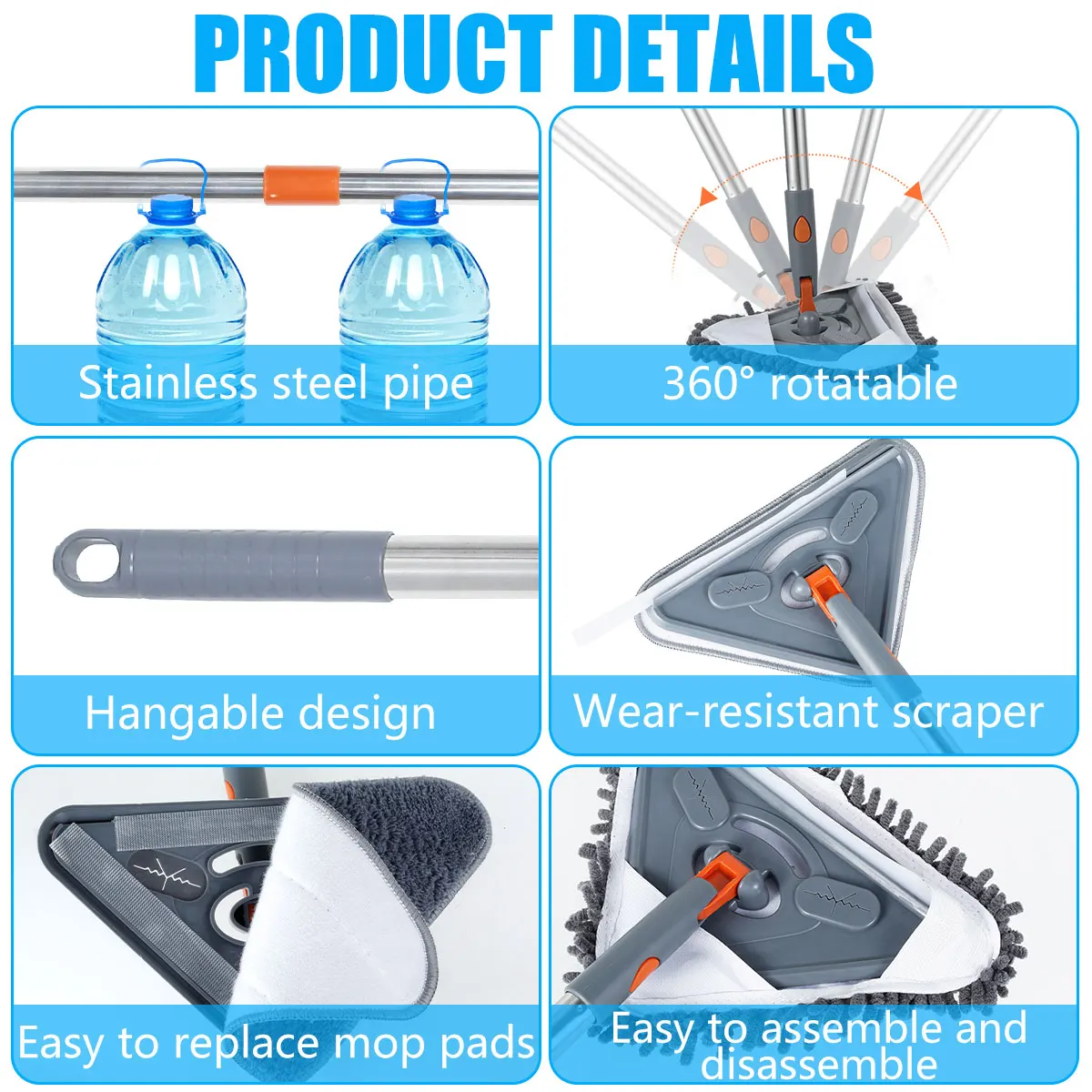 360 ° Rotating Triangle Mop Telescopic Adjustable Floor Cleaning Mop Wet And Dry Use Mop Cleaner for Wall Window Home Tools