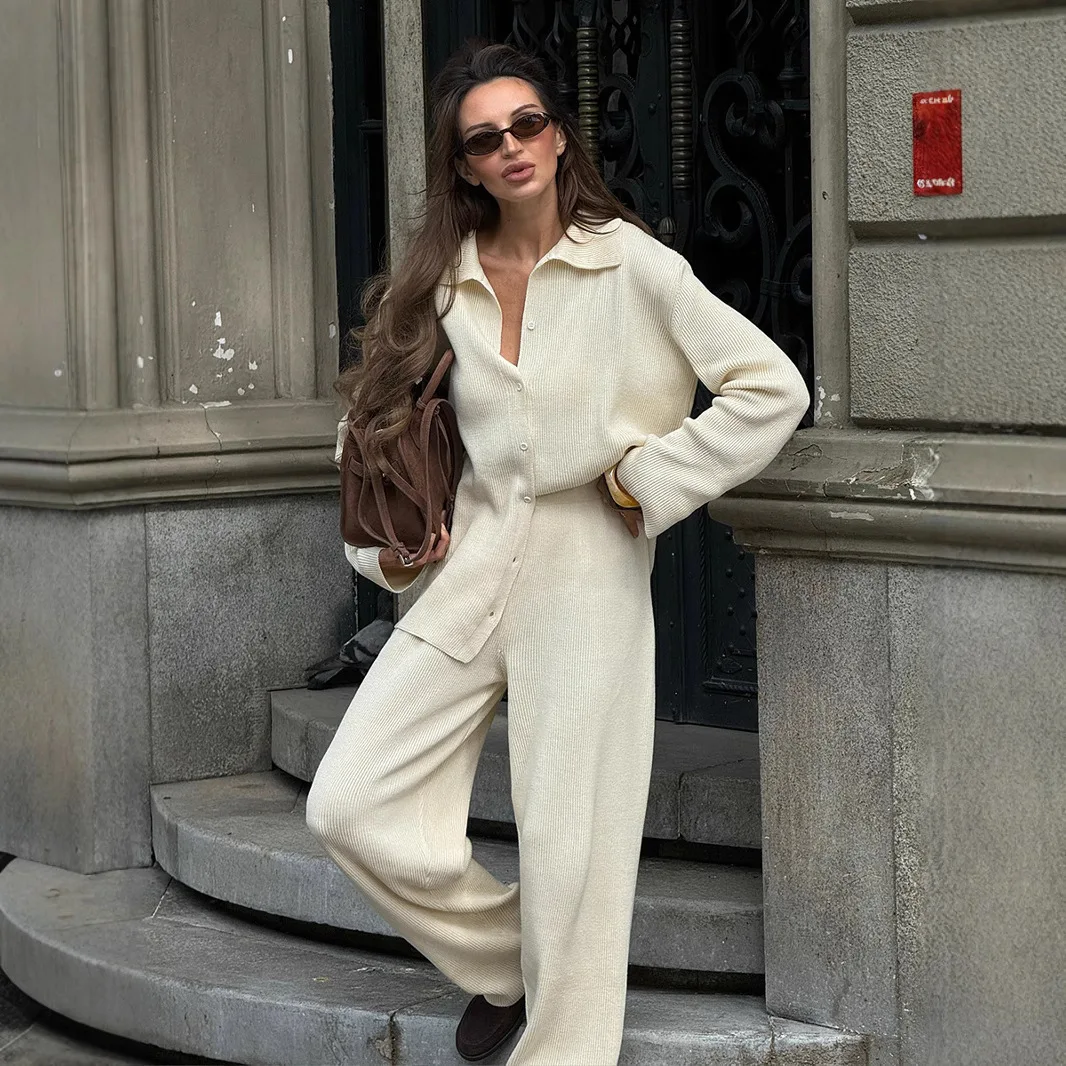 

Элегантный вязаный кардиган, брючный костюм, осенне-зимний женский модный однотонный свободный теплый кардиган, куртка, широкие брюки, комплект из 2 предметов