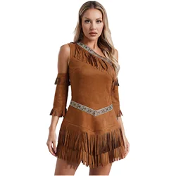 Indian Indigenous Costumes for Womens Savage Halloween Cosplay Aboriginal Outfit Hunters One Shoulder Sleeveless Fringe Dress