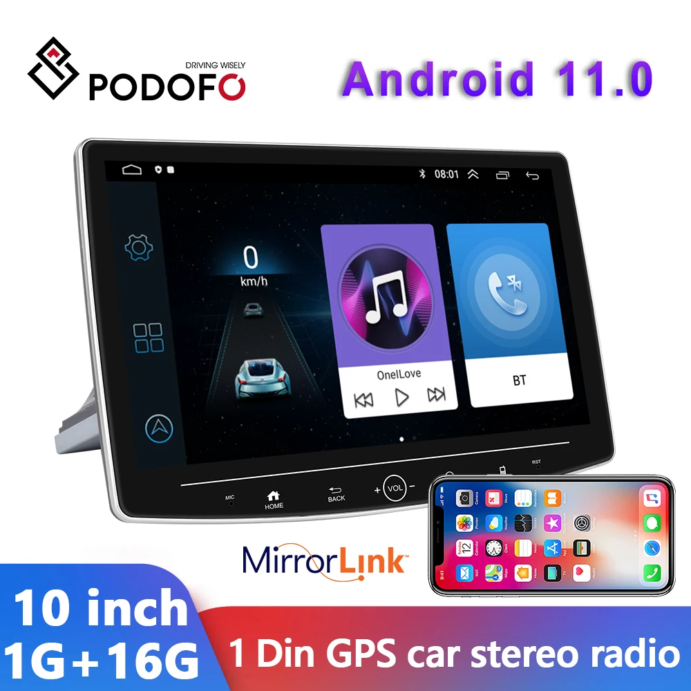 Podofo Android 11 1Din Car Radio 10 Inch Car Stereo HD 1080P Mirror Link Multimedia Video Player Navigation GPS Bluetooth WIFI