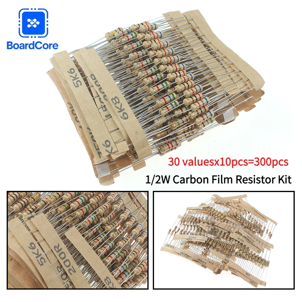 

300 шт., 0,5 Вт, комплект резисторов из углеродной пленки, 30 значений, 1 Ом ~ 3 м, 1/2 Вт, 5% набор цветных кольцевых сопротивлений для ремонта цепей