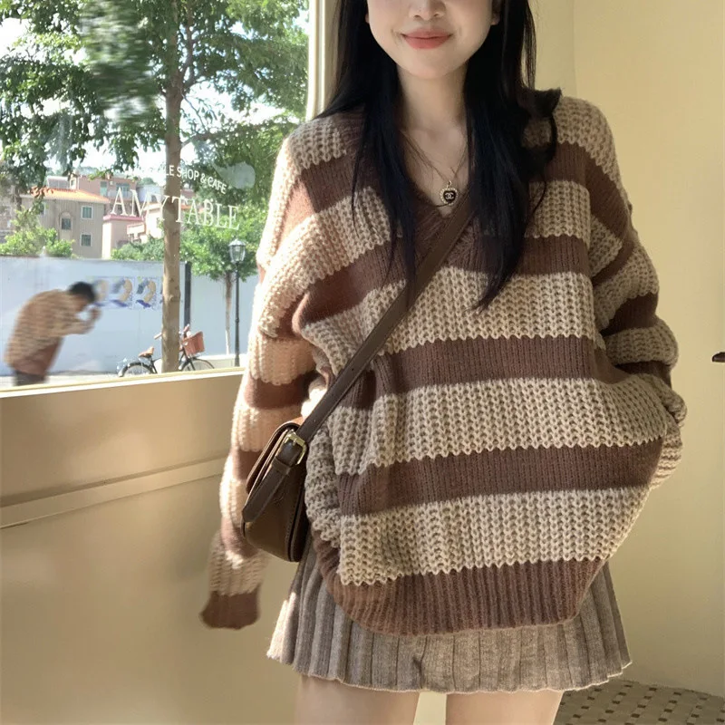 Korean Style Vintage Brown Striped Sweater Women Harajuku Oversize Pullover Jumper Preppy Jerseys Casual Knitted Tops