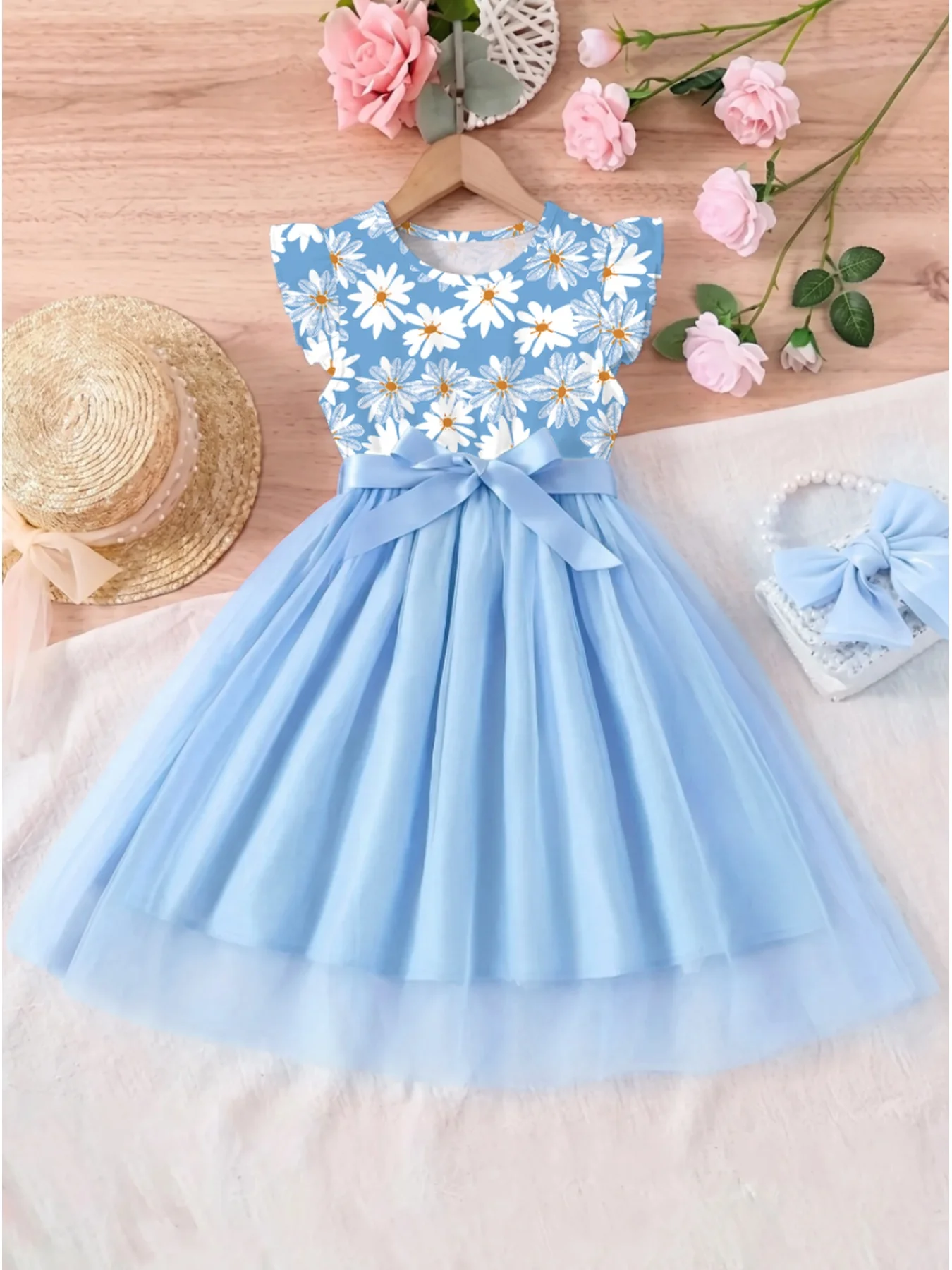 Casual round Neck Ruffle Edge Sleeveless Waist Cinching Strap Mesh Dress for Children And Women Medium Long Skirt