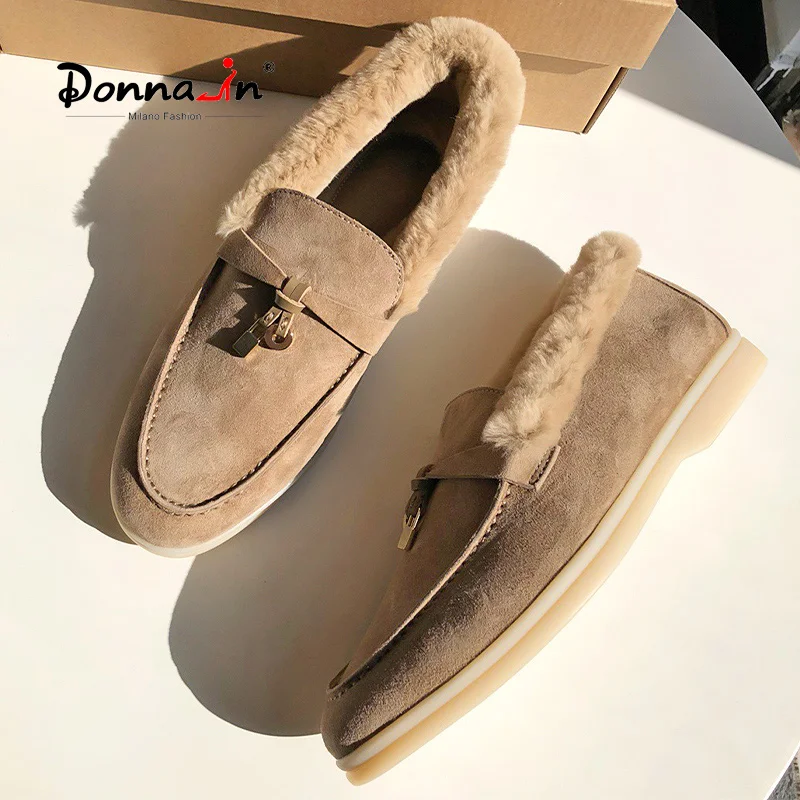 Donna-in Wool Women\'s Loafers Luxury Sheep Natural Suede Warm Wool Fur Insole Elegant Female Shoes Round Toe Slip-on Flats Shoes