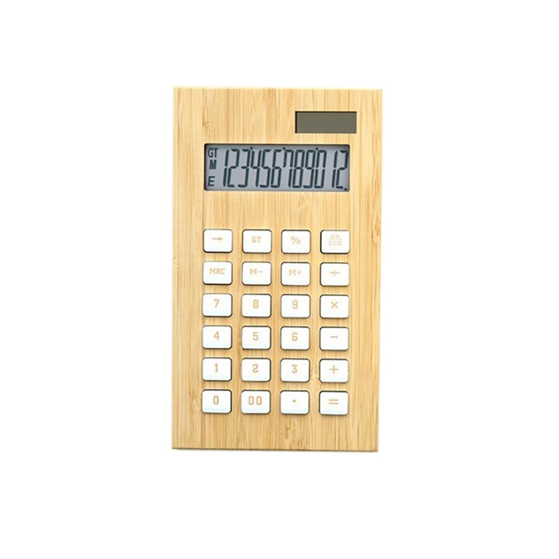 Bamboo Office Calculator 12 Digit LCD Display School Special Gift Calculate Commercial Tool Battery Solar Powered