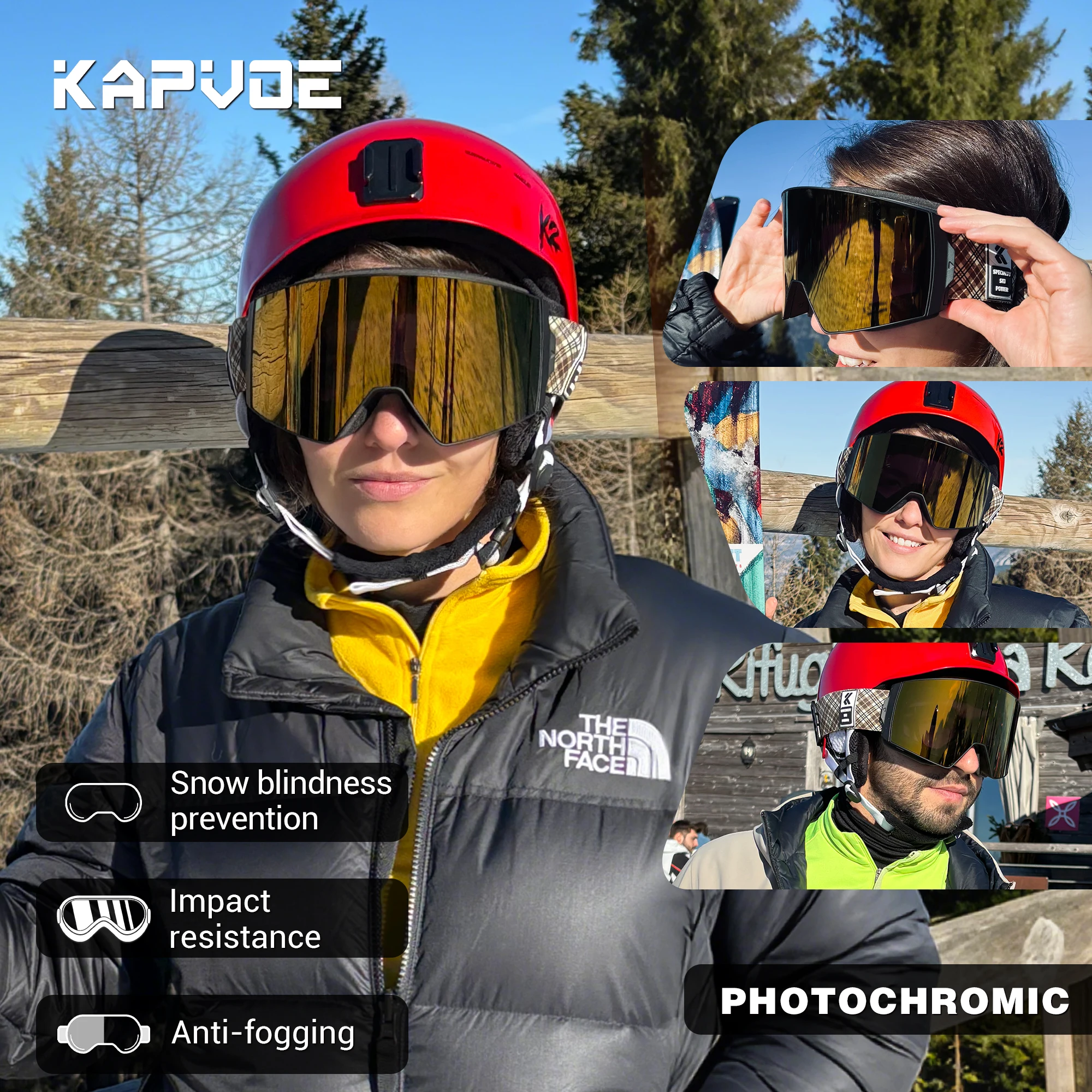 KAPVOE Outdoor Photochromic Ski Goggles Winter Snow Sports for Unisex Snow Glasses UV400 Anti-fog Magnetic Snowboard Glasses