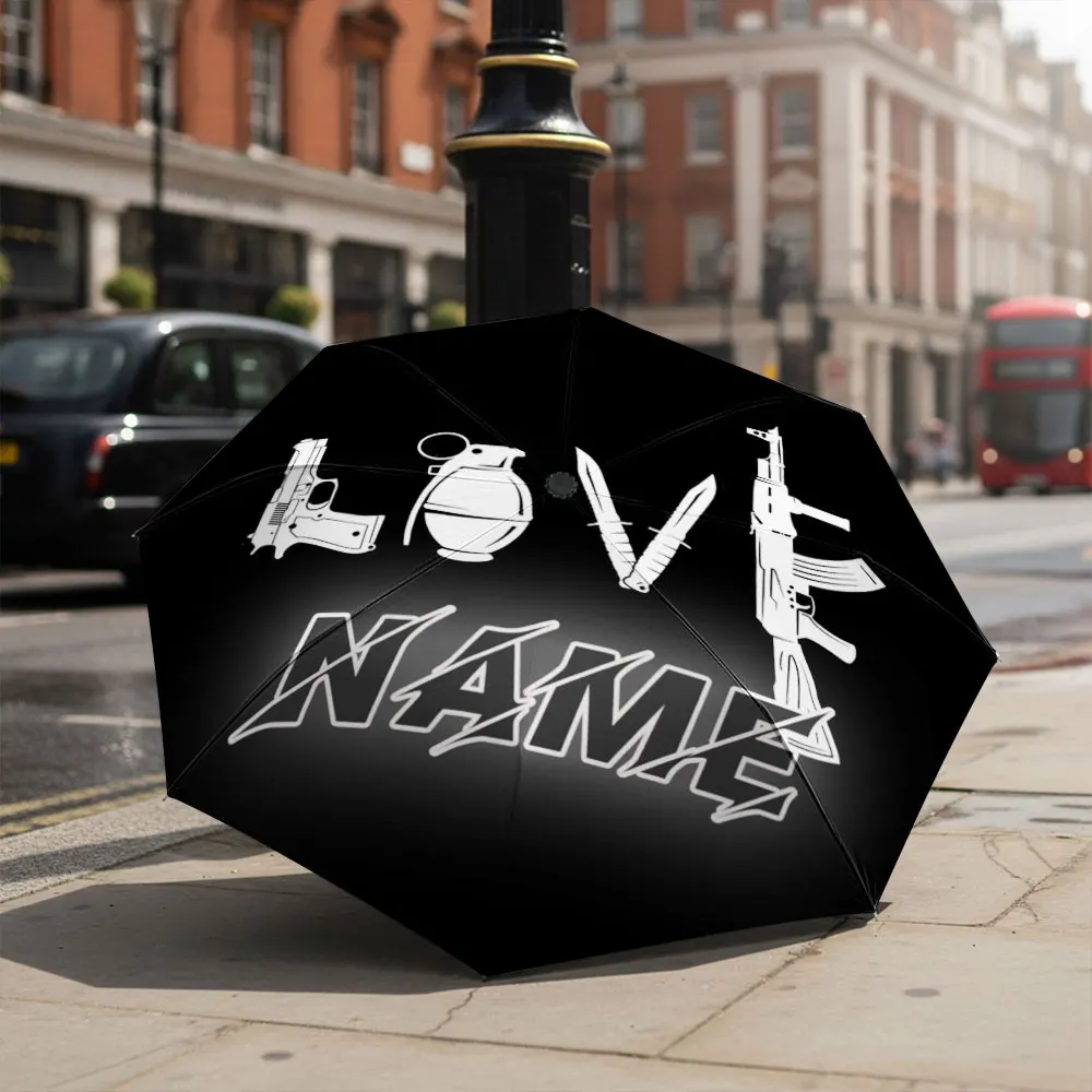 Custom Name umbrella, Monochrome Military Symbols Gun, Grenade, Knives, Rifle Print Folding Umbrella for Sunny and Rainy Days