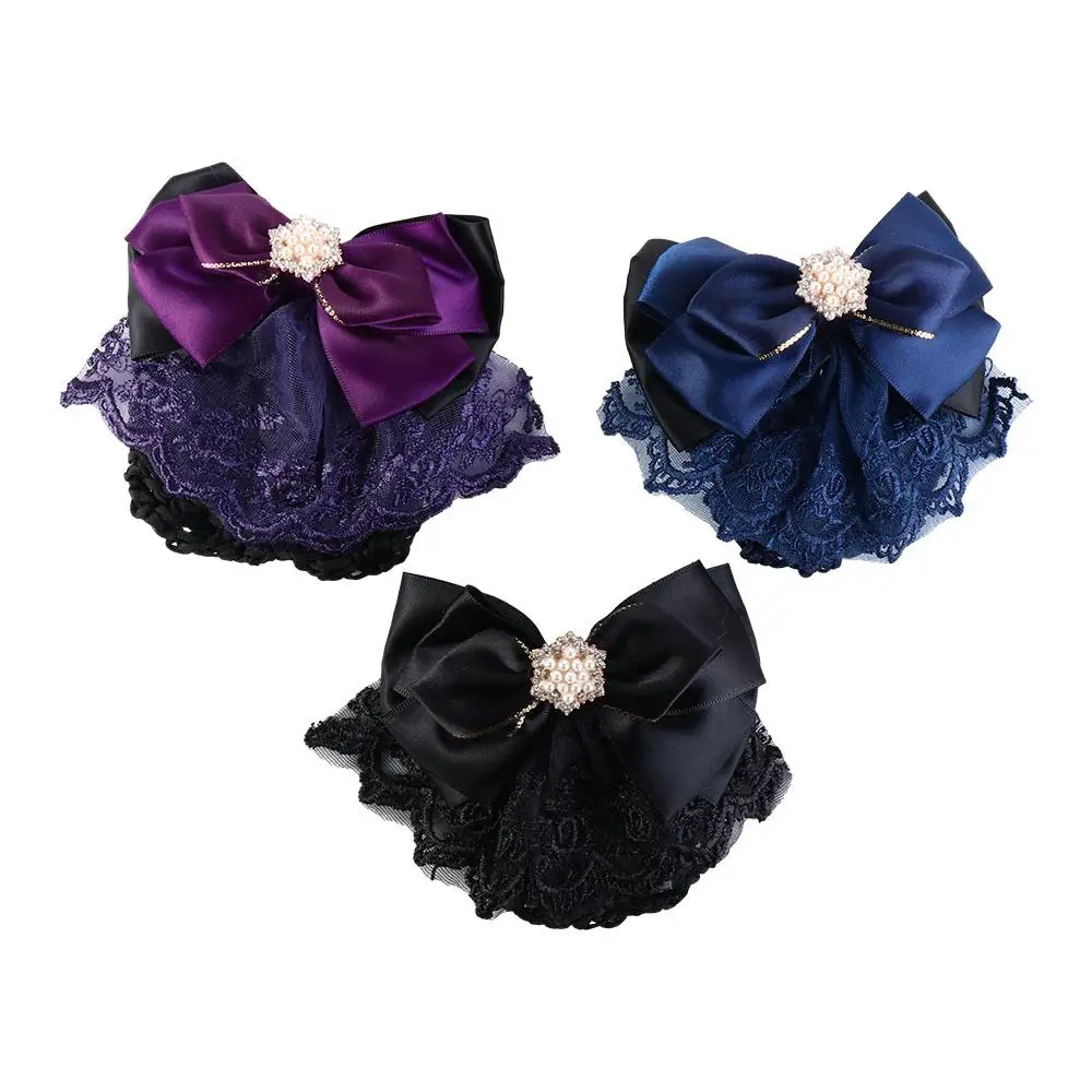 Pearl Bowknot Spring Clip Sweet Ribbon Rhinestone Bun Snood Korean Style Headwear Hair Net Cover Hotel