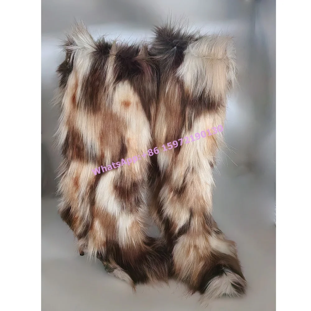 

Long Fur Snow Boots Pointy Toe Thin Heels Brown Lovely Sweet Knee High Boots Winter Warm Fashion Women's Runway Leisure Shoes