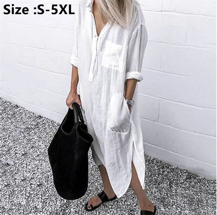 

2025 Women's Casual Shirt Dress Lapel Button Long Sleeve Side Split Dresses Elegant Solid Oversized Female Soft Dress Vestidos