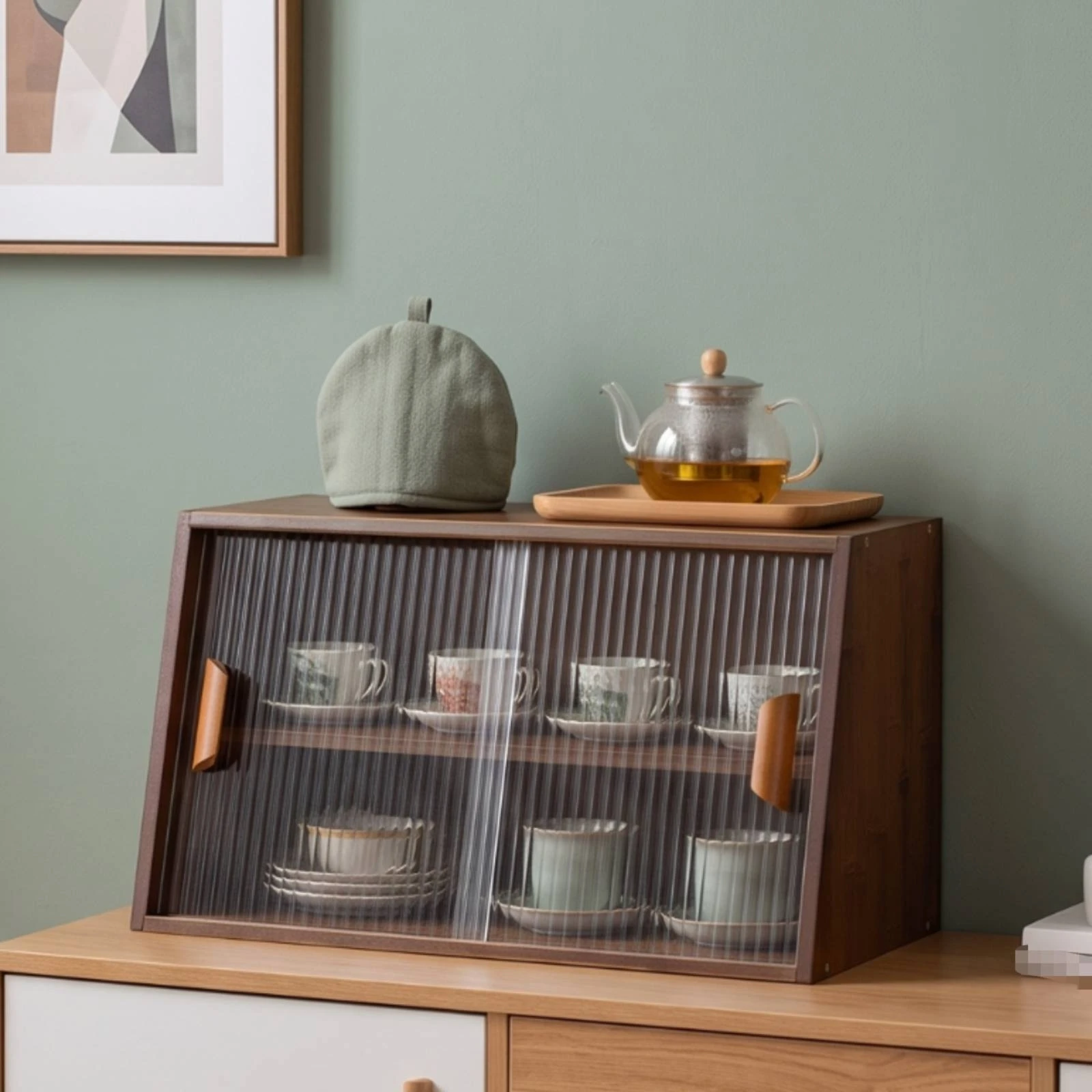 Meuble de comptoir compact avec portes vitrées, armoire de table polyvalente, meuble fin pour comptoir de cuisine