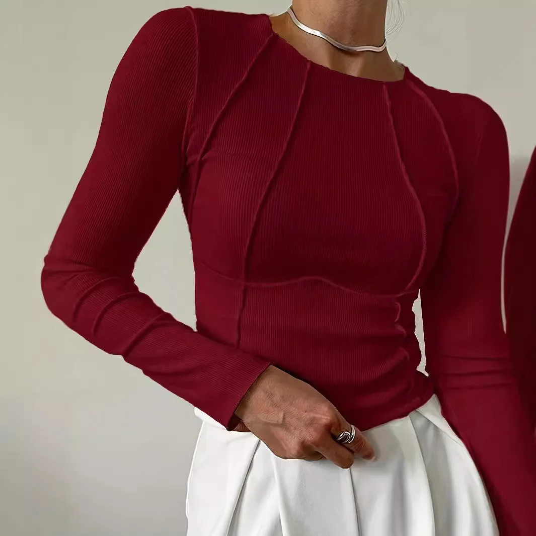 Solid Color Split Long Sleeved Top For Women's Cross-Border European And American Round Neck Slim Knit Women's Clothing