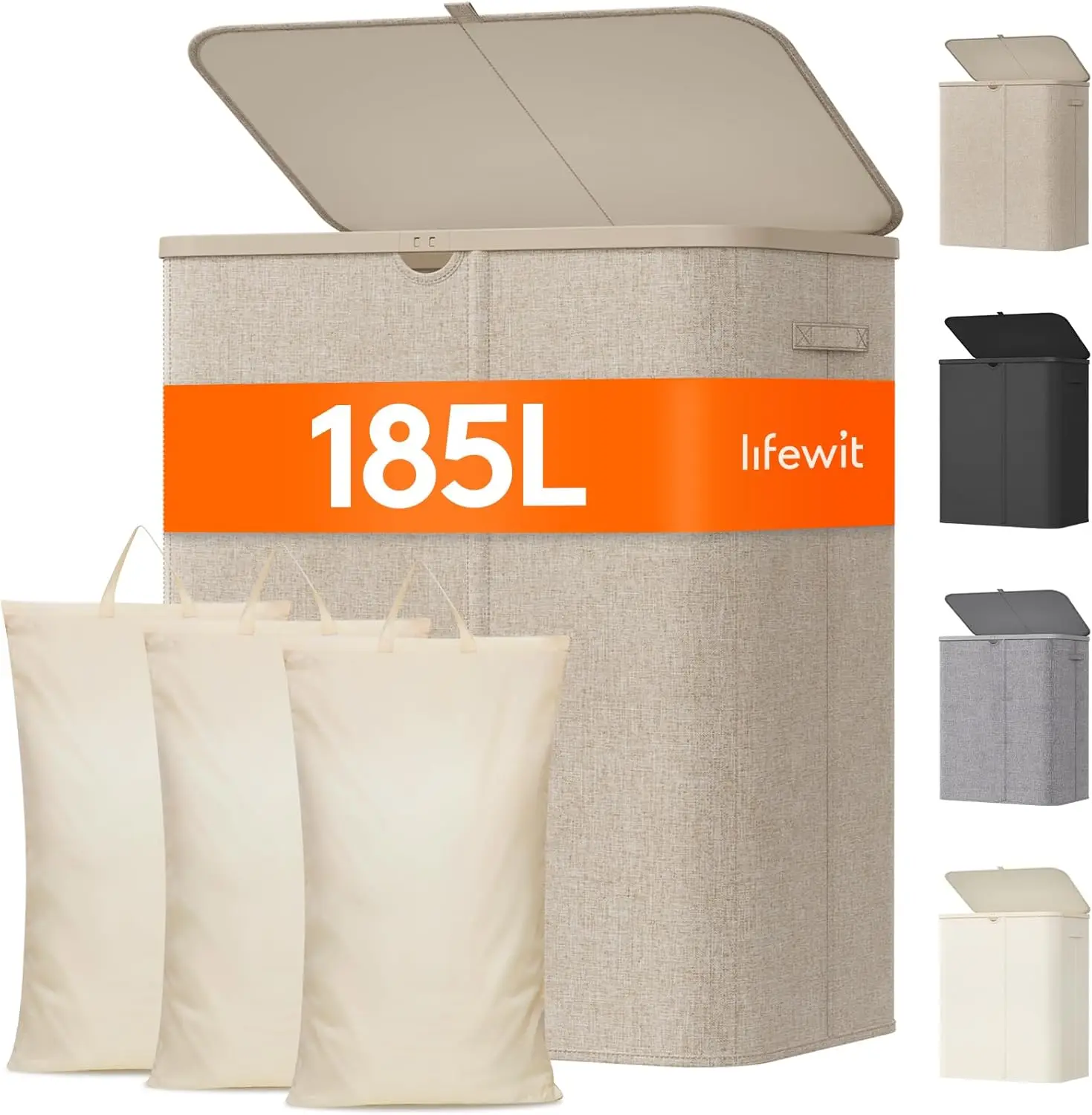 

Большая корзина для белья на 185 л с 3 секциями и крышкой, складная корзина для одежды для ванной и спальни, бежевая