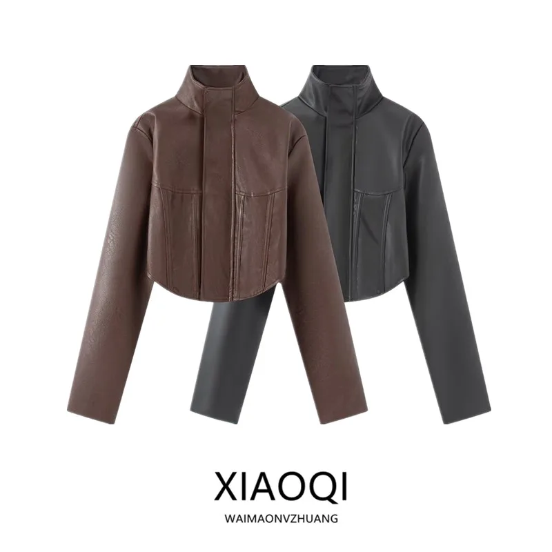 Slim Fit Fishbone PU Leather Jacket Women's Fashion Design Summer New Arrival Short Outerwear Commute Style 2026