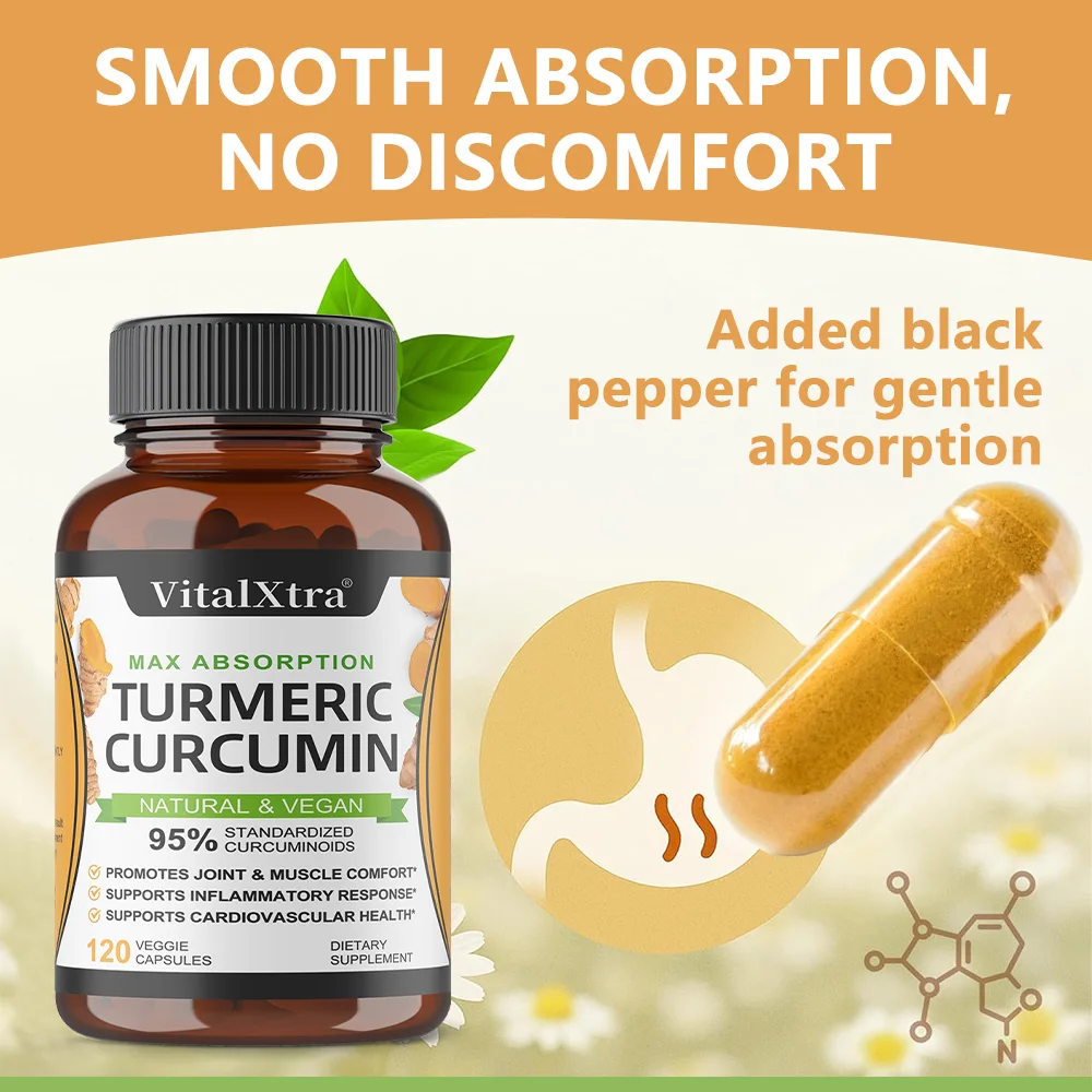 

95% натуральных ингредиентов, капсулы куркумина, добавка для суставов, пищеварительной поддержки и иммунитета, способствующая когнитивному мозгу