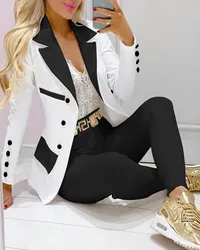 Women's Formal 2-Piece Office Tracksuits Ladies Outfits Lapel Collar Double Breasted Blazer Suit Pants Set Female 2023