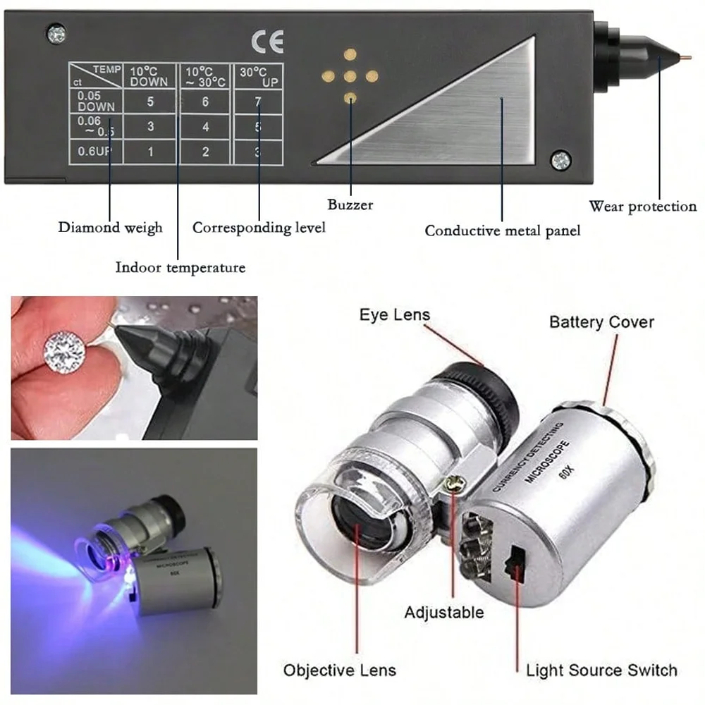 AHT Professional Diamond Tester Pen Set with 60X Magnifier Tweezers High Accuracy Gemstone Selector Portable with Storage Case