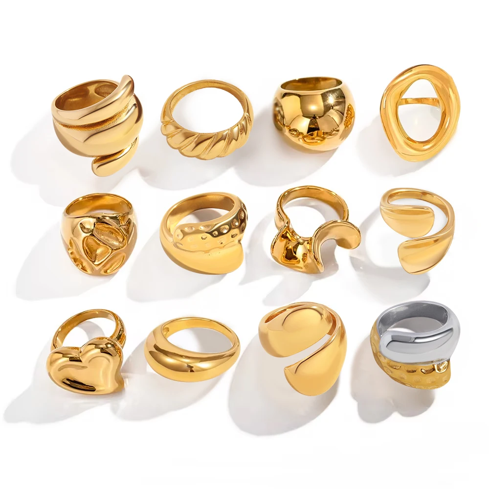 Fashion Stainless Steel 18K Gold Plated Waterproof Anti fade Chunky Dome Ring Geometric Index Finger Ring Unisex Jewelry