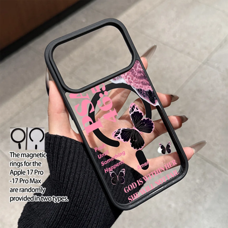 Funda protectora magnética transparente de estilo ins con ola rosa y mariposa, eslogan inspirador, compatible con iPhone 11-17 Pro/Pro Max/Plus/Air y Samsung S23/S24/S25 Plus/Ultra, carga inalámbrica magnética fuerte, universal para accesorios magnéticos 3