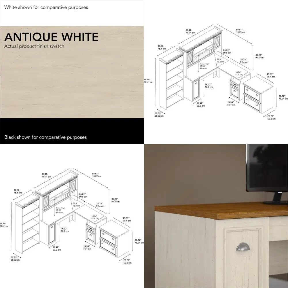 

Угловой стол с навесной секцией, 5-ярусным книжным шкафом и боковым шкафом для документов | Компьютерный стол с местом для хранения | 60x60x69