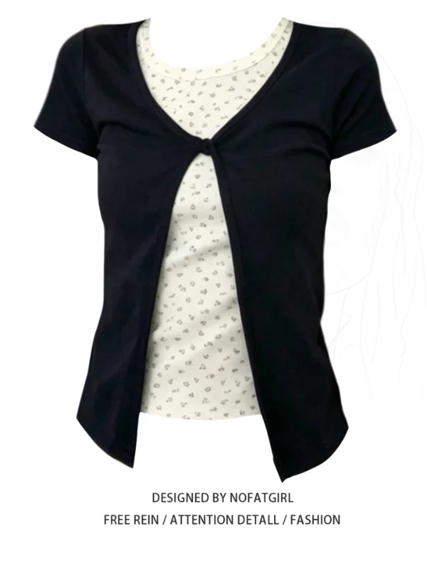 

plus Size Floral Print Short Sleeve T-Shirt Women's Korean Style Commute Wind Fake Two-Piece Top Breathable Comfortable Summer