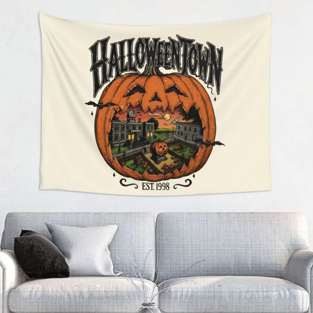 Halloween Town Tapestry Hippie Polyester Wall Hanging Pumpkin Haunted House Spooky Room Decoration Beach Mat Retro Wall Tapestry