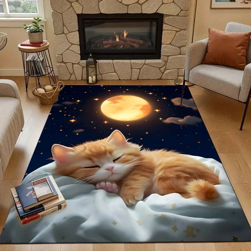 Sleeping Kitten Moonlight Night Design Area Rug, for Home Living Room and Bedroom Decor - Crystal Velvet Soft Floor Covering