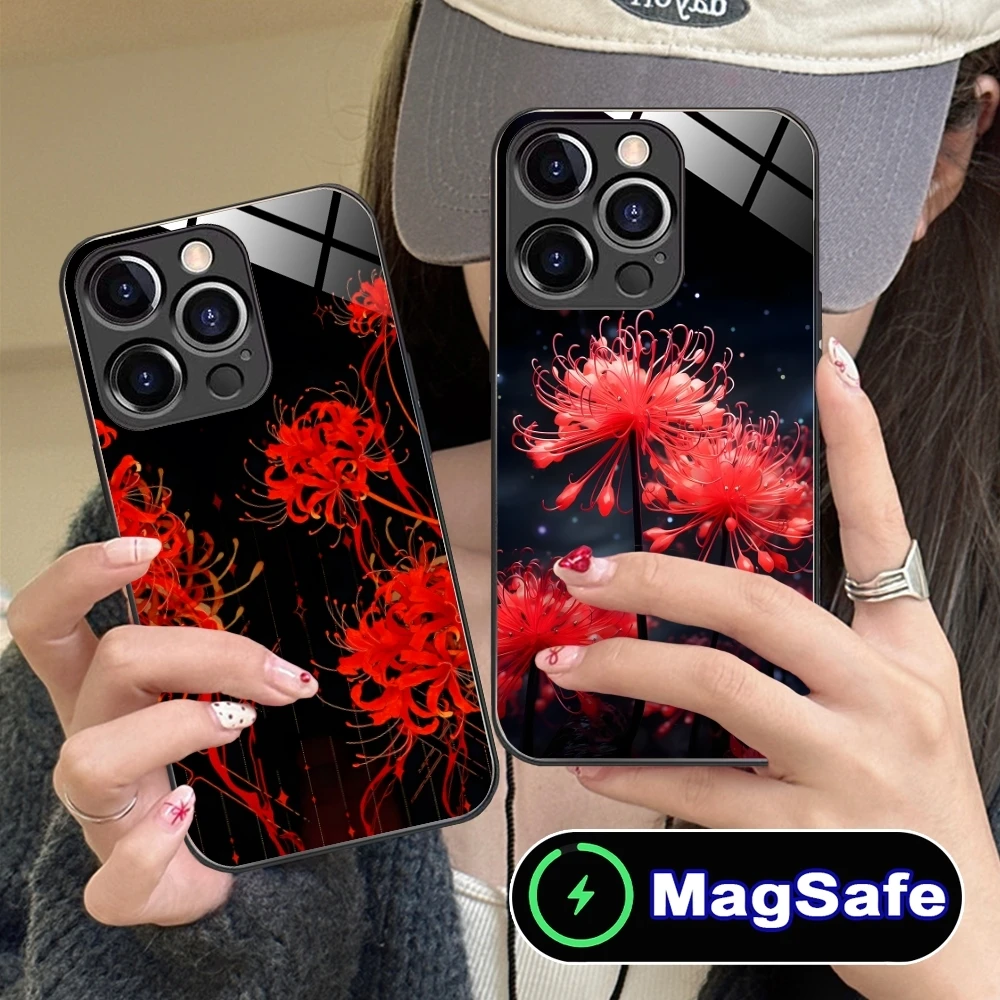 Red Spider Lily Color Mobile Cell Phone Case for iPhone 16 15 14 13 12 11 Pro Max Plus Mini MagSafe Wireless Charging Glass Cove