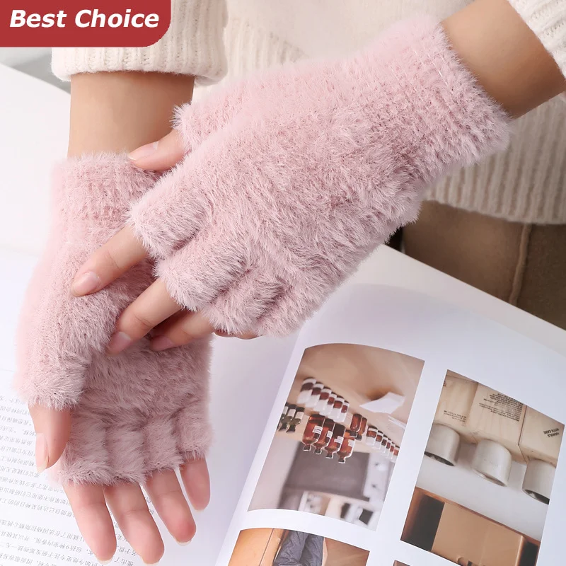 New Winter Imitation Mink Cashmere Half Finger Gloves Women Men Warm Luxury Solid Color Plush For Driving Outdoor Sports