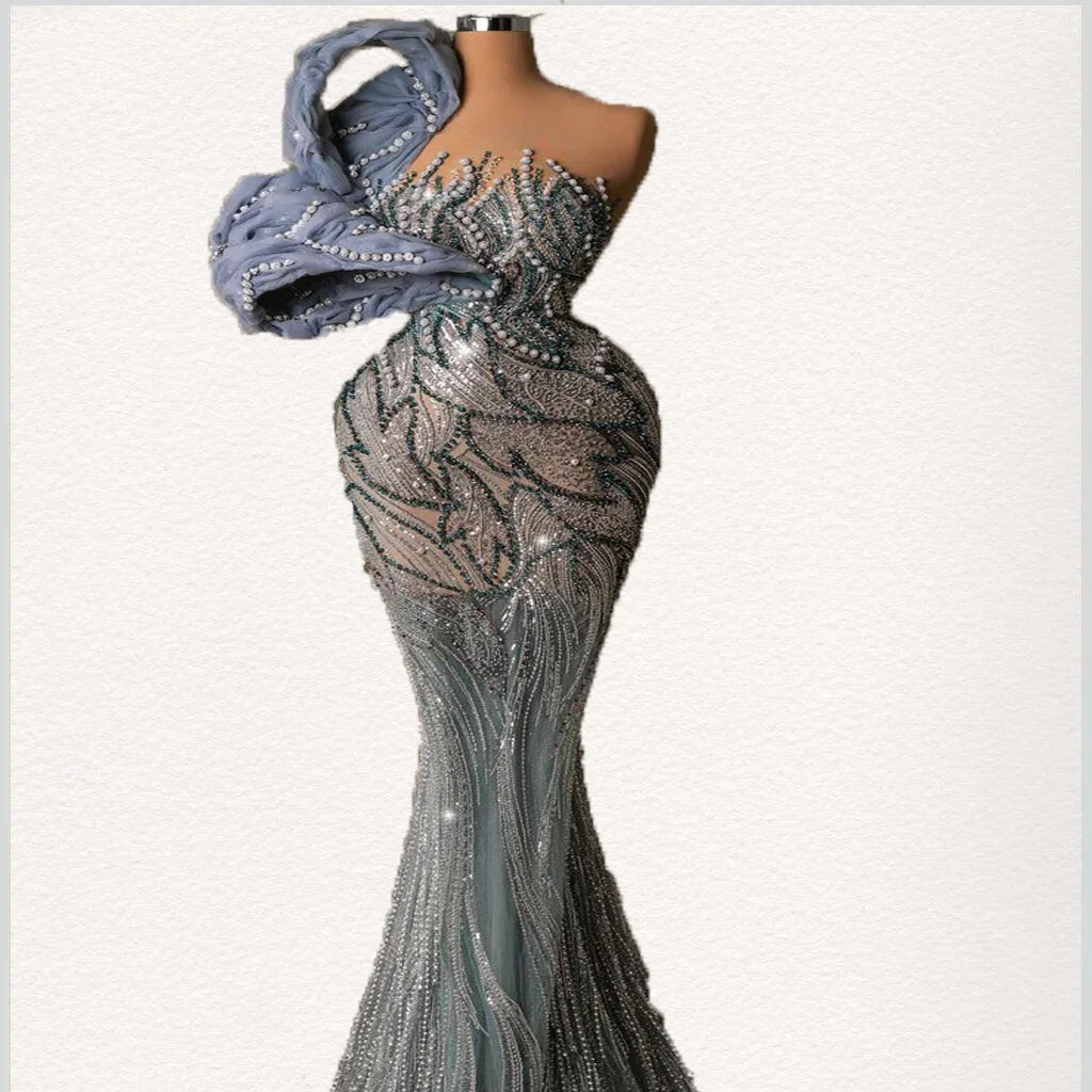 

Customized Silver Sequin Tassel Crystal Party Dress With Ruffled Sleeves, Evening Gown, Mermaid Floor Length Party Dress