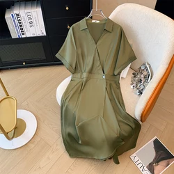 Plus-size Women's Summer Casual Commute Loose comfortable dress Green V-neck patchwork button-down lapel short-sleeved dress big