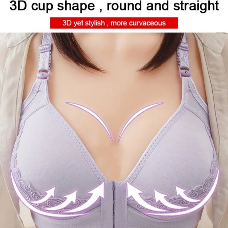 Veimia Middle-aged and elderly bra without steel ring large  size underwear front buckle bra comfortable cotton bra