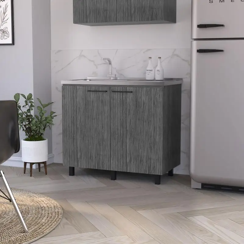 

Utility Sink Cabinet with Interior Shelf, Stainless Steel Countertop in Smokey Oak Finish