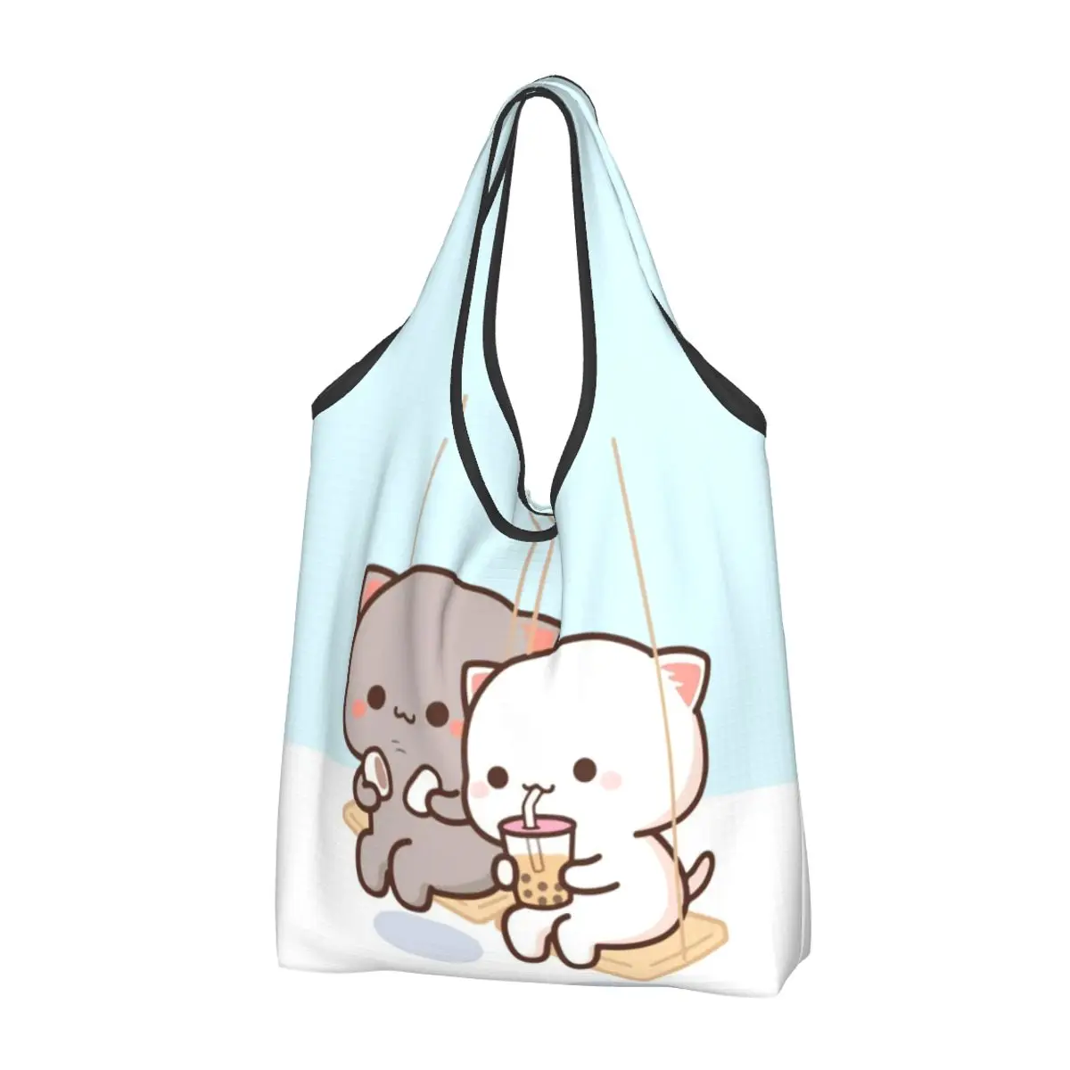 

Large Reusable Peach And Goma Mochi Cat Grocery Bags Foldable Heavy Duty Cute Kawaii Shopping Tote Bag Washable Lightweight