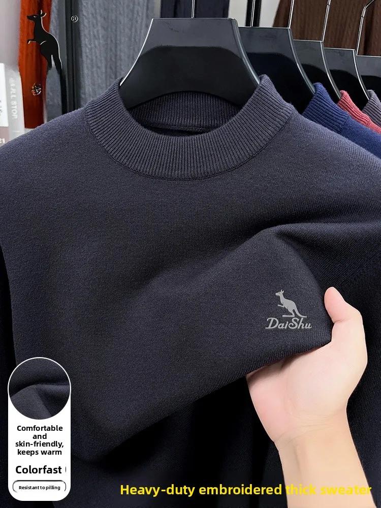 

Мужской вязаный шерстяной свитер Kangaroo: средней толщины, повседневный, с вышивкой, высоким воротником, теплый, зимний, с длинными рукавами