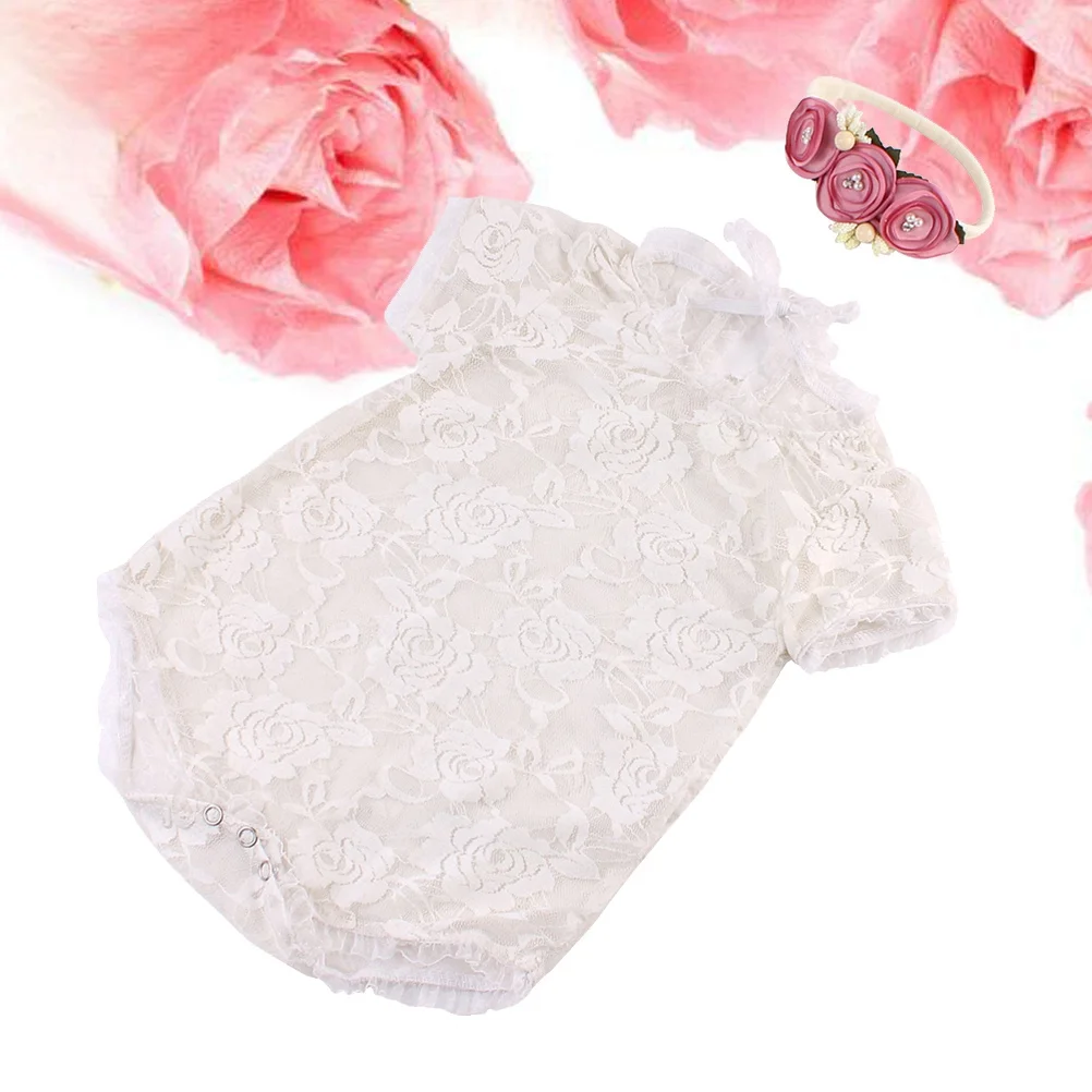 

Детский кружевной комбинезон с полым бантом, кружевной комбинезон, мягкий дышащий наряд для фотосессии, повязка на голову, боди для маленьких девочек, летний белый цвет