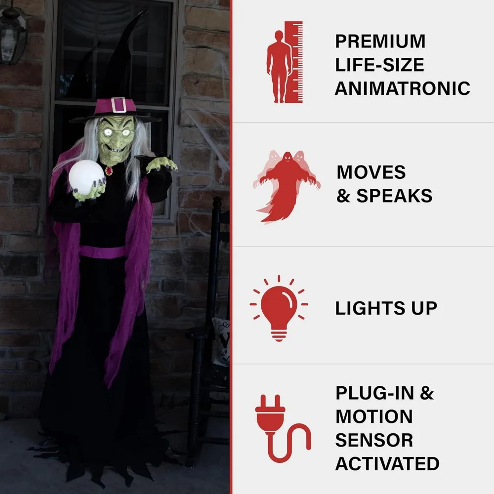 6 piedi. Tall Fortune Teller Witch, Plug-in Motion-Activated Talking spaventoso Prop Halloween